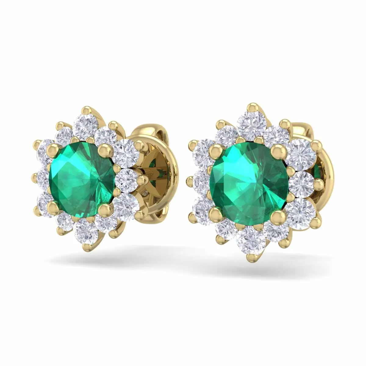 1 Carat Round Shape Flower Emerald And Diamond Halo Stud Earrings In 14 Karat Yellow Gold