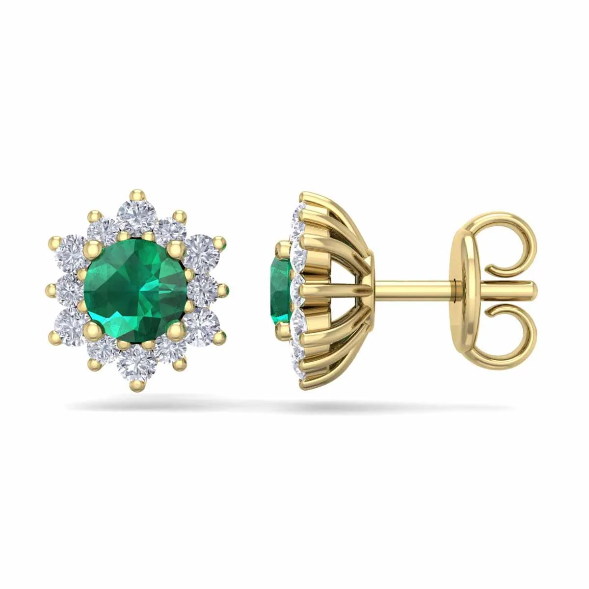 1 Carat Round Shape Flower Emerald And Diamond Halo Stud Earrings In 14 Karat Yellow Gold