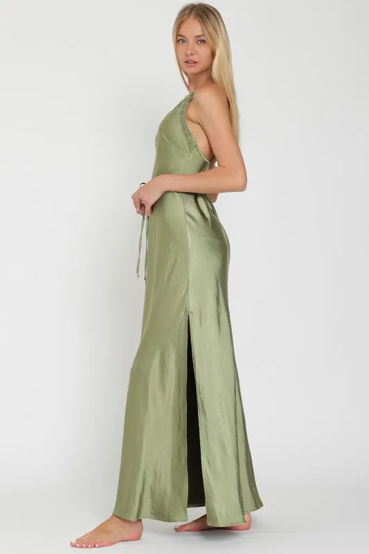 Aisling Satin Lace Trim Maxi Dress with Sash - Sage