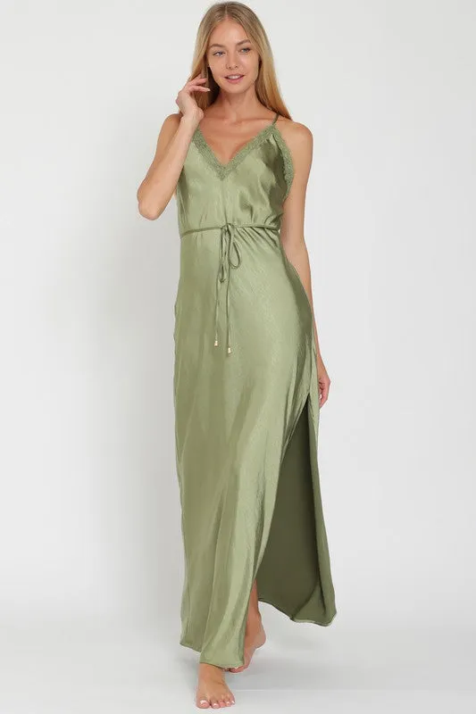 Aisling Satin Lace Trim Maxi Dress with Sash - Sage