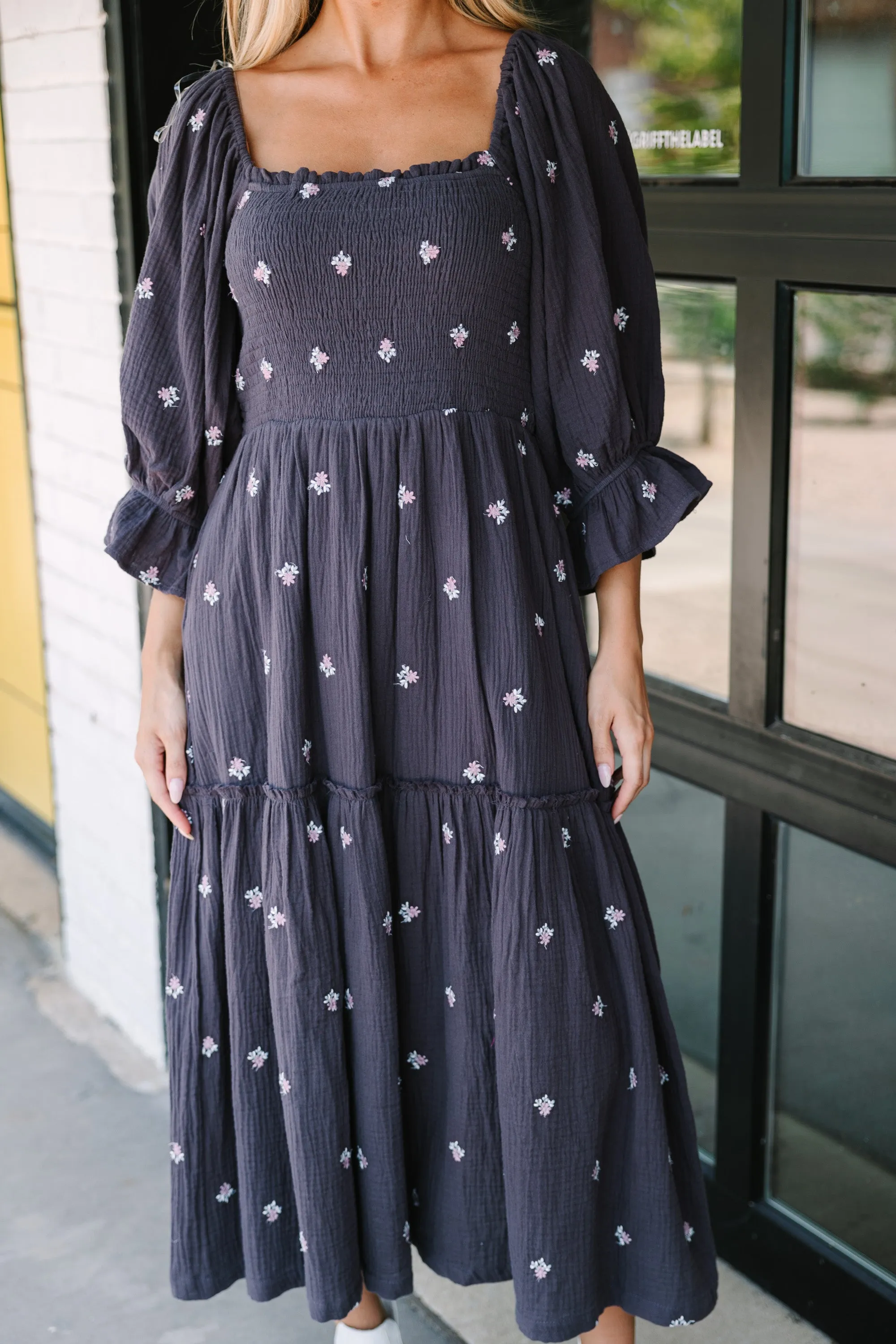 Always With You Navy Blue Embroidered Midi Dress