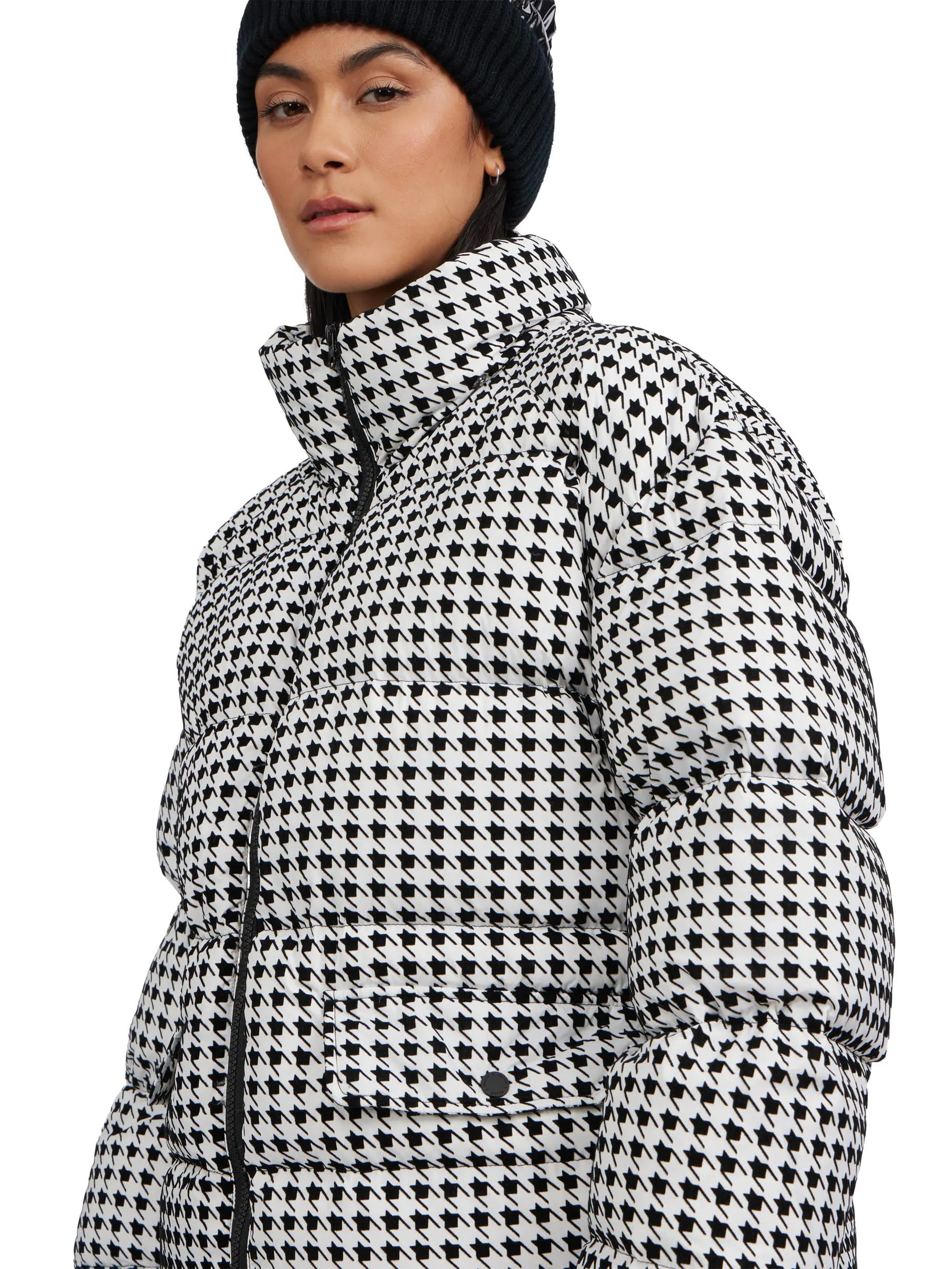 Ascella Women's Boxy Fit Houndstooth Short Puffer Jacket