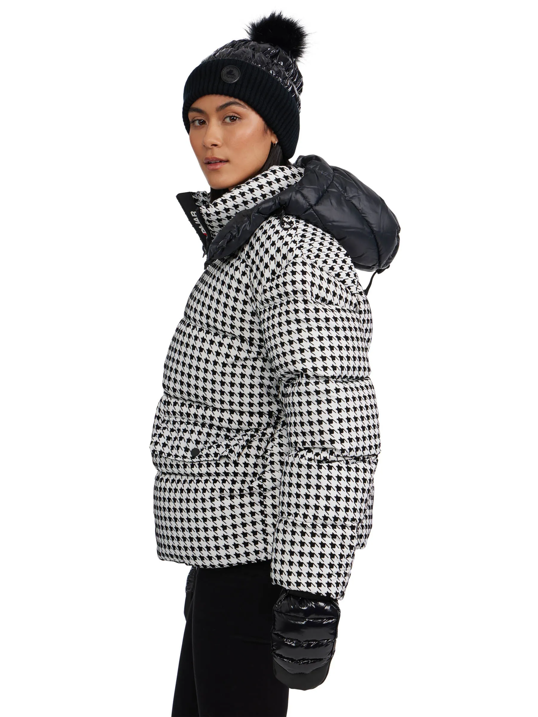 Ascella Women's Boxy Fit Houndstooth Short Puffer Jacket