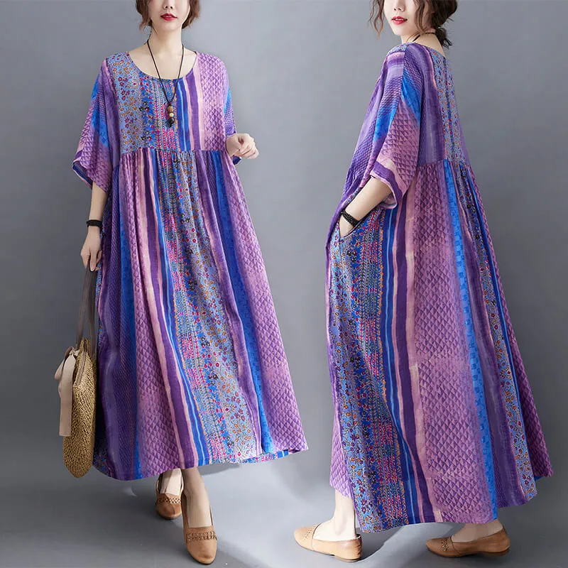 Babakud Plus Size - Summer Floral Printed Linen Purple Dress