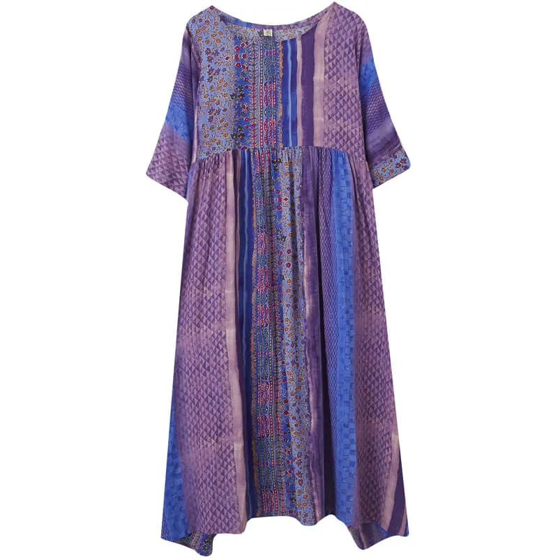 Babakud Plus Size - Summer Floral Printed Linen Purple Dress