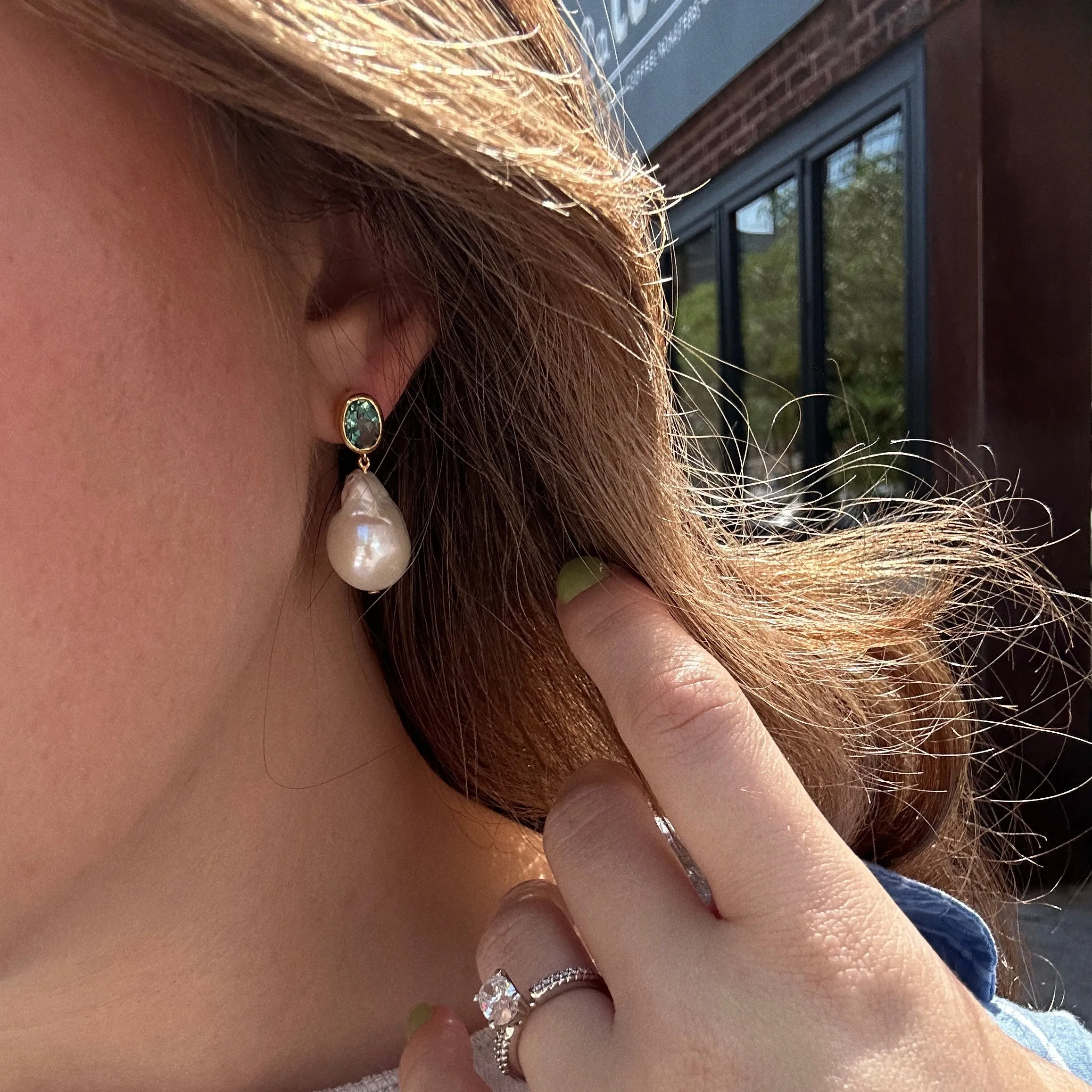 Baroque Pearl and Green Topaz Drop Earrings