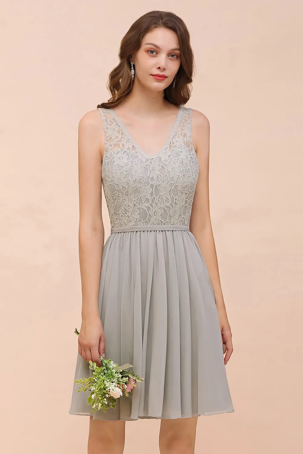 Beautiful Short A-line V-neck Wide Straps Appliques Lace Chiffon Bridesmaid Dress