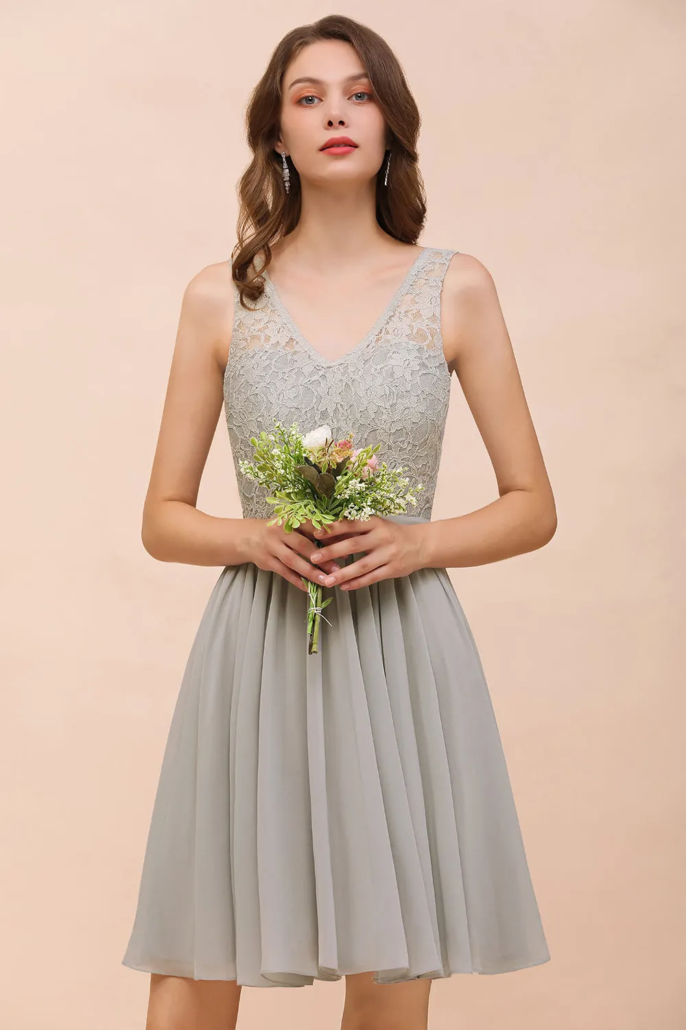 Beautiful Short A-line V-neck Wide Straps Appliques Lace Chiffon Bridesmaid Dress