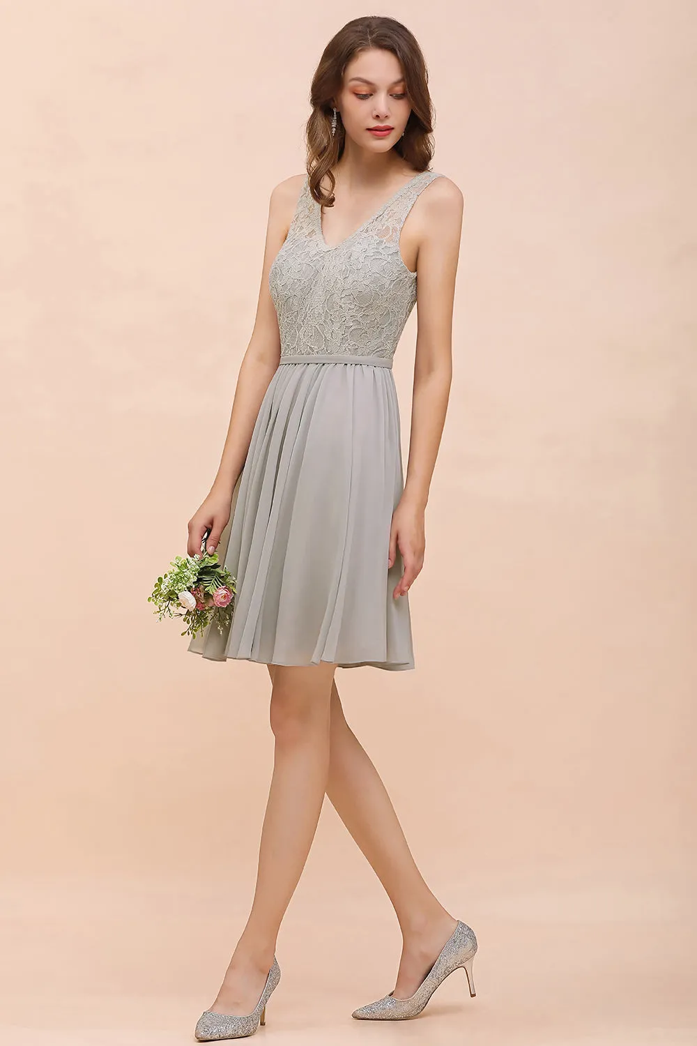 Beautiful Short A-line V-neck Wide Straps Appliques Lace Chiffon Bridesmaid Dress