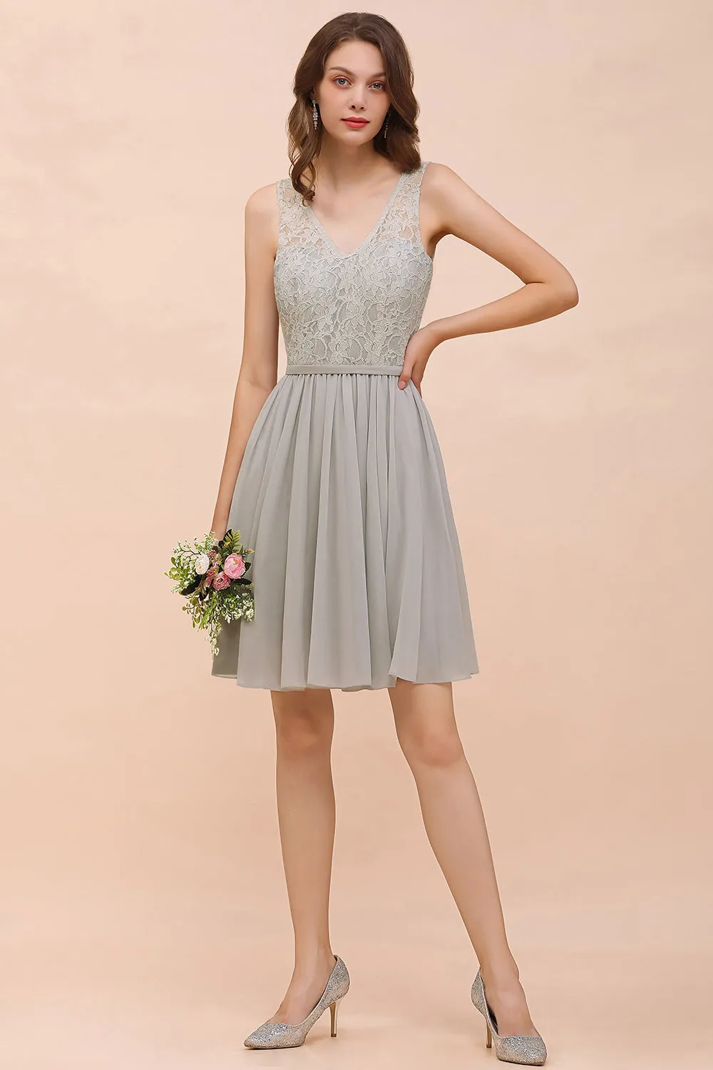 Beautiful Short A-line V-neck Wide Straps Appliques Lace Chiffon Bridesmaid Dress