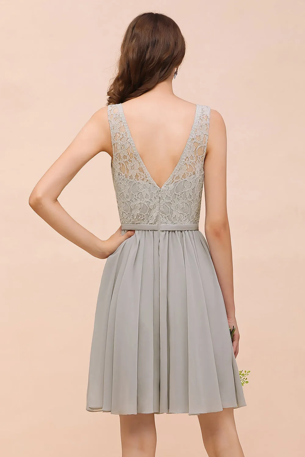 Beautiful Short A-line V-neck Wide Straps Appliques Lace Chiffon Bridesmaid Dress