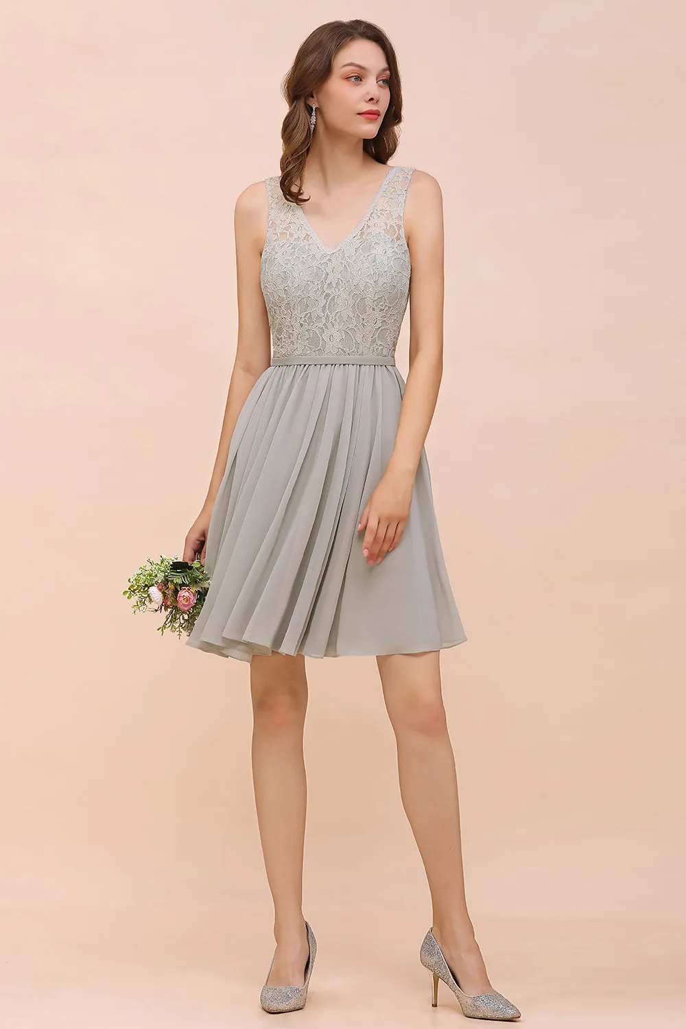 Beautiful Short A-line V-neck Wide Straps Appliques Lace Chiffon Bridesmaid Dress