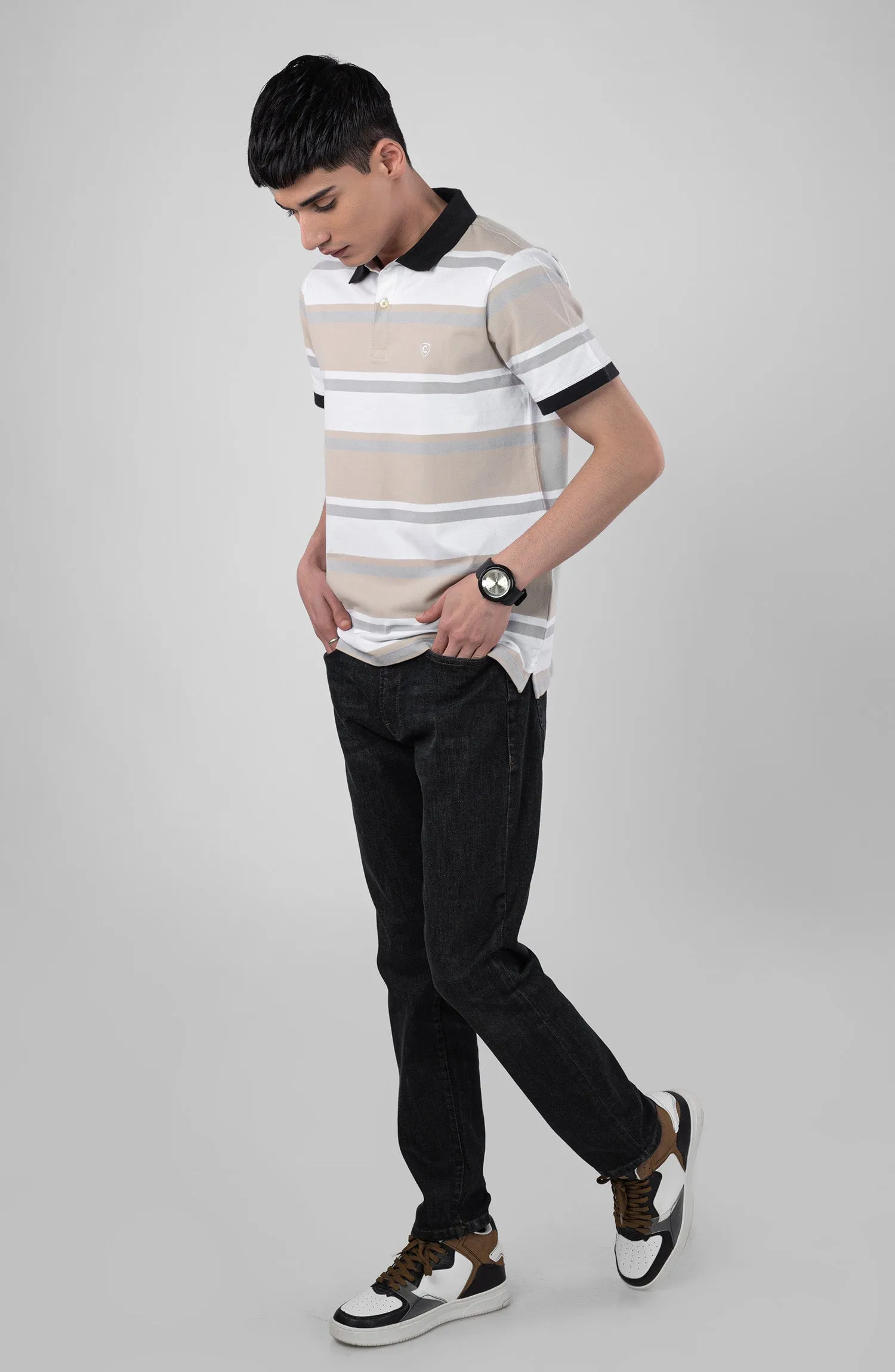 Beige Polo Shirt With White Stripes