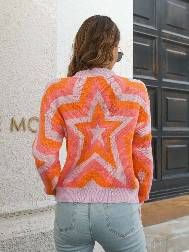 BerriesJam - 2024 Y2k Knitted Gradient Print Front Stars O-neck Pullover