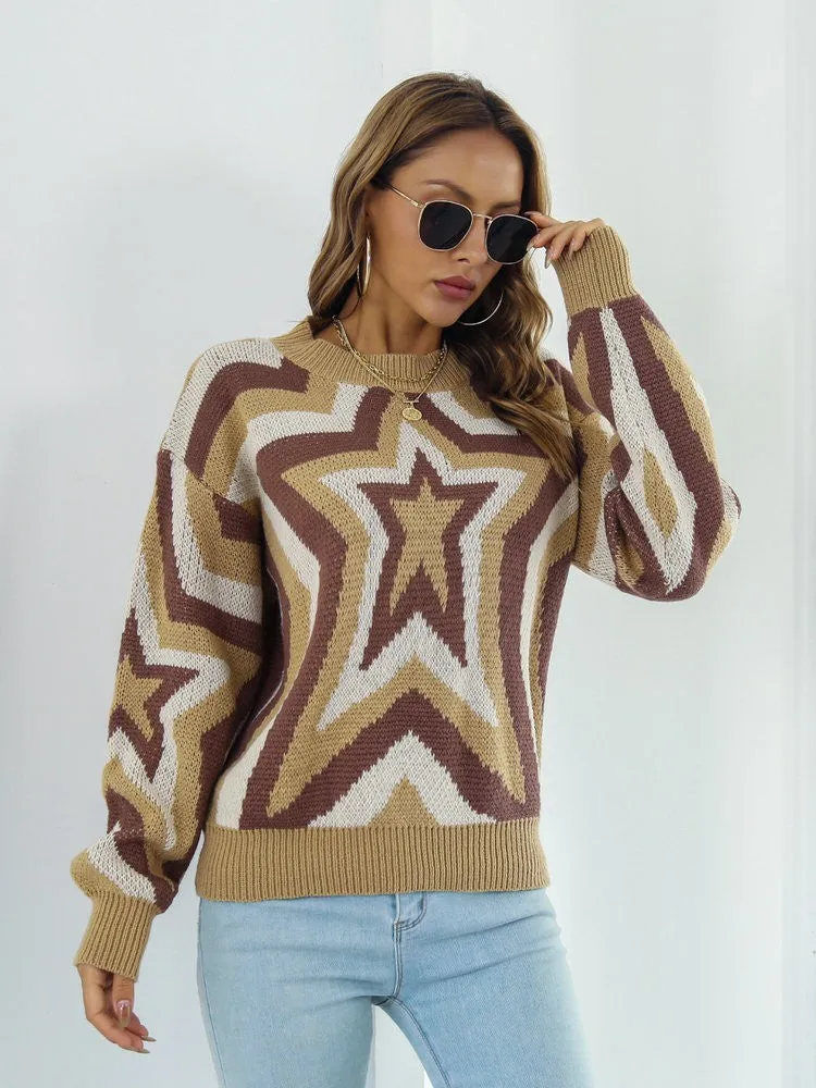 BerriesJam - 2024 Y2k Knitted Gradient Print Front Stars O-neck Pullover