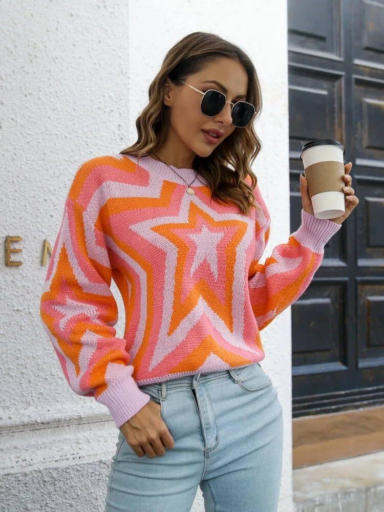 BerriesJam - 2024 Y2k Knitted Gradient Print Front Stars O-neck Pullover