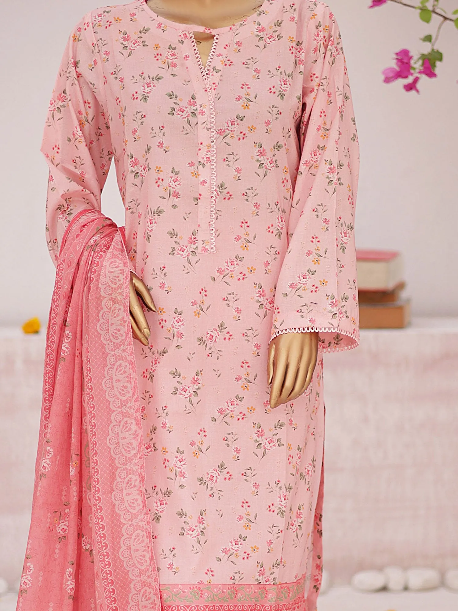 Bin Saeed Printed Lawn 3-Piece Suit - Peachy-Pink