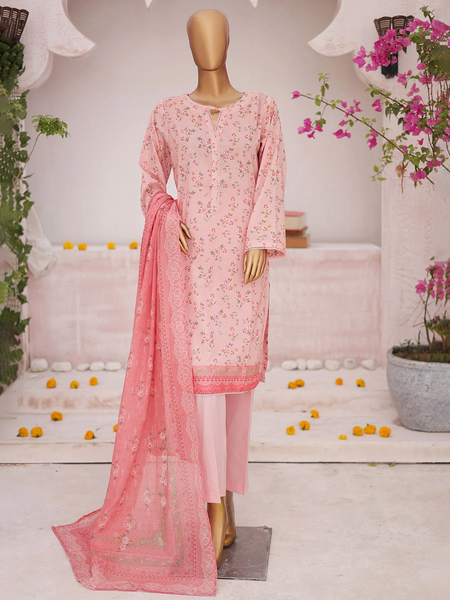 Bin Saeed Printed Lawn 3-Piece Suit - Peachy-Pink