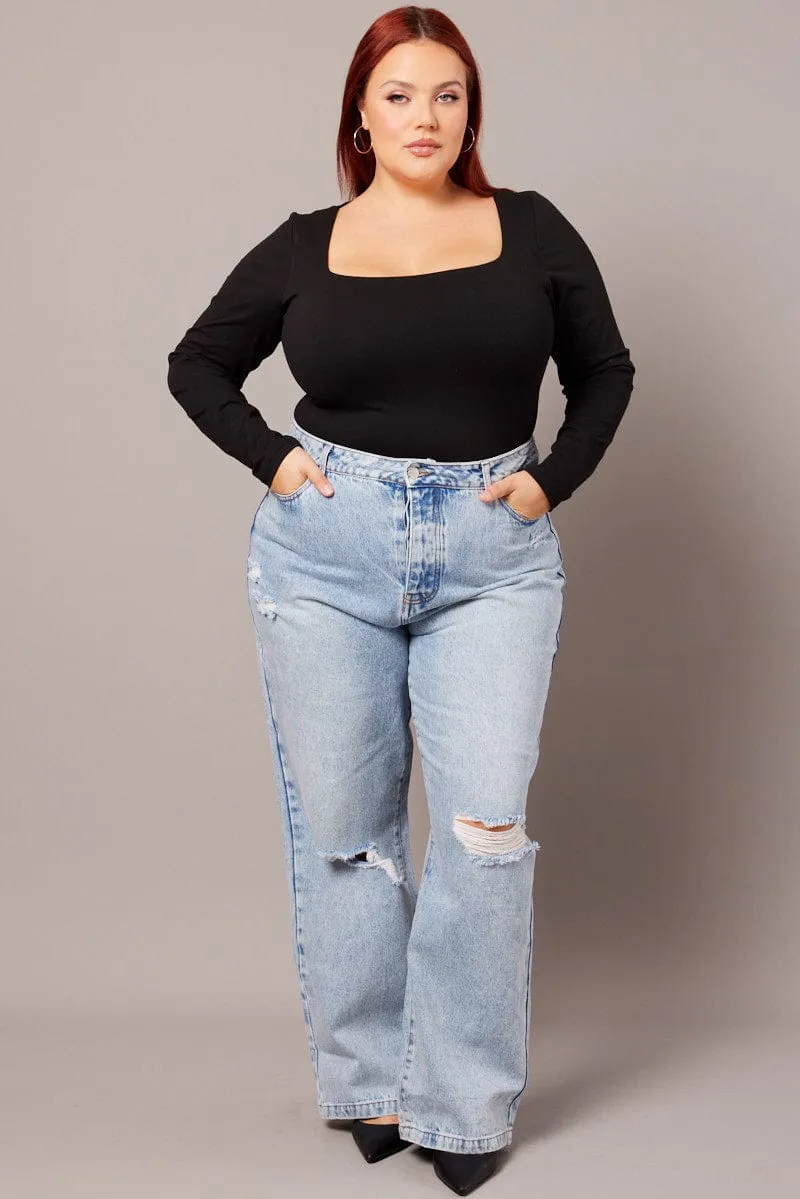 Black Bodysuit Long Sleeve Scoop Neck Supersoft