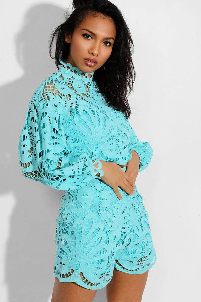 Blue Crochet Lace Overlay Balloon Sleeves Crop Top And Shorts Set