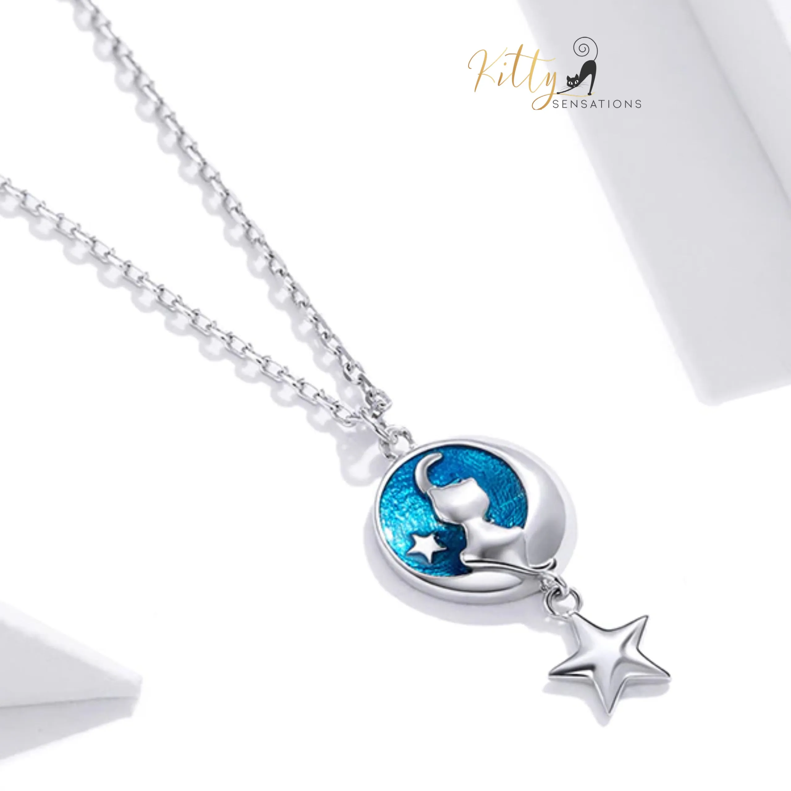 Blue Enameled Moon Kitty Necklace in Solid 925 Sterling Silver