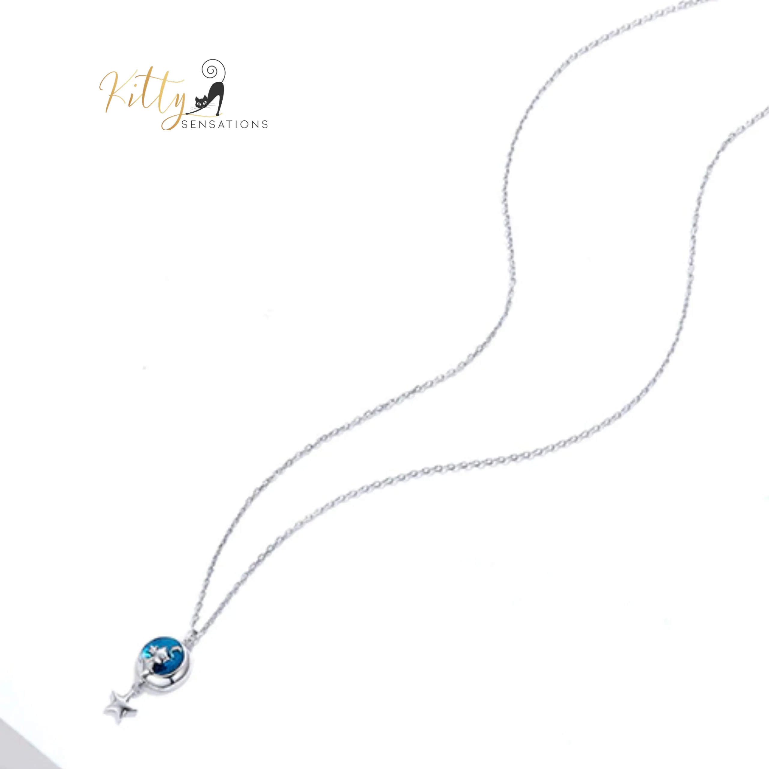 Blue Enameled Moon Kitty Necklace in Solid 925 Sterling Silver