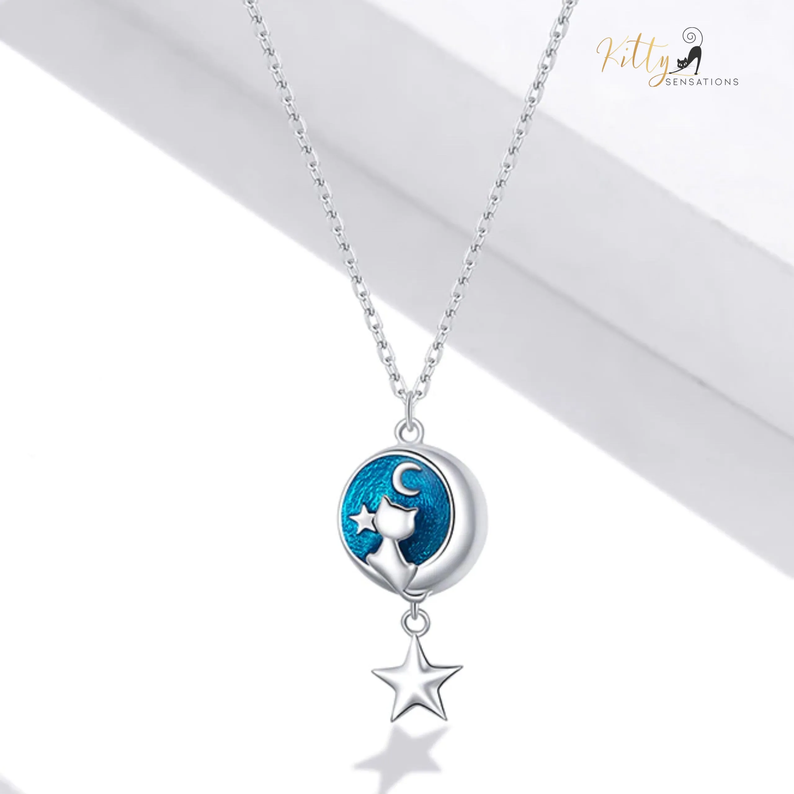 Blue Enameled Moon Kitty Necklace in Solid 925 Sterling Silver