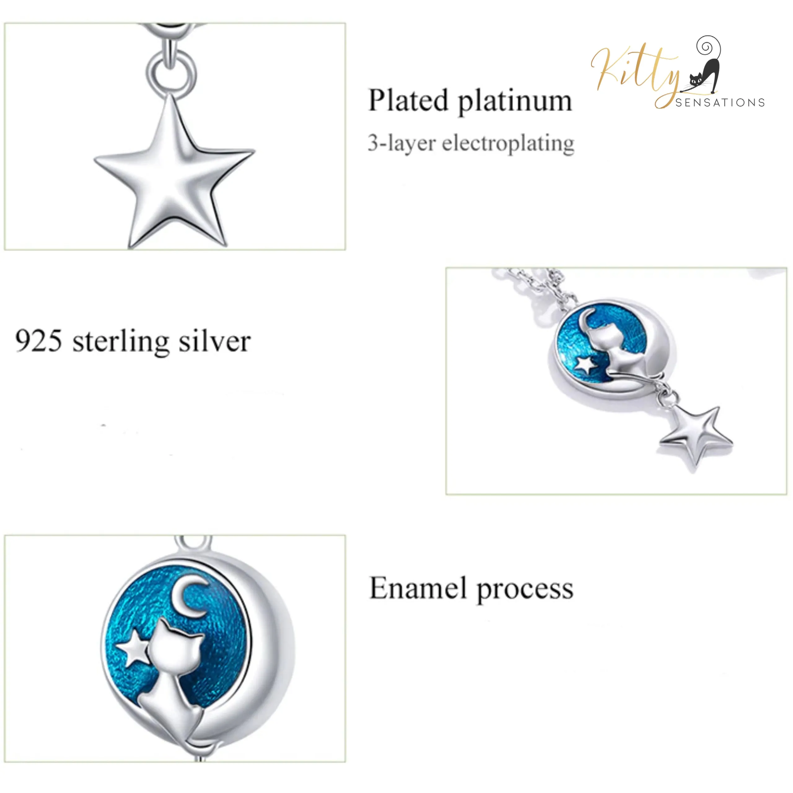 Blue Enameled Moon Kitty Necklace in Solid 925 Sterling Silver