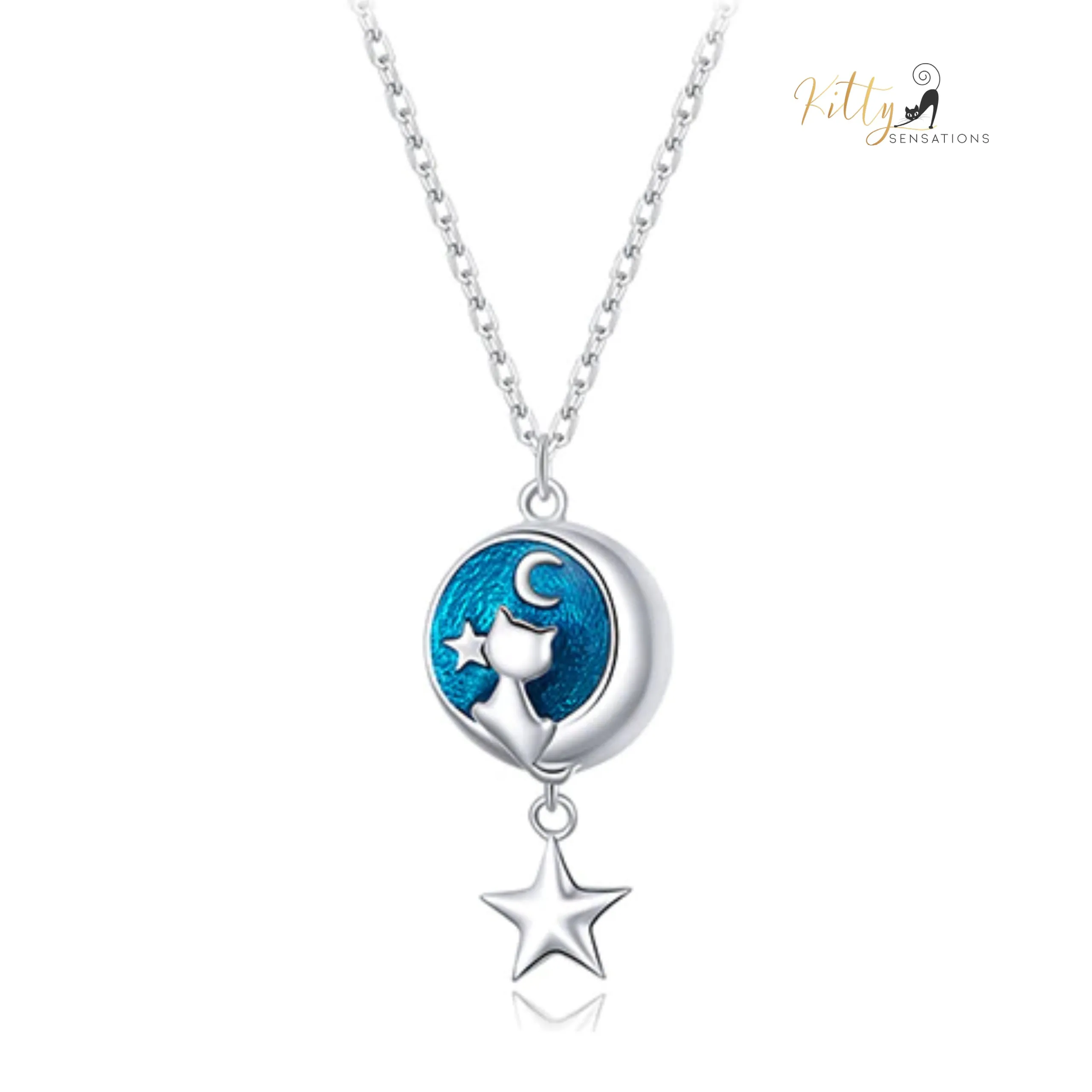 Blue Enameled Moon Kitty Necklace in Solid 925 Sterling Silver