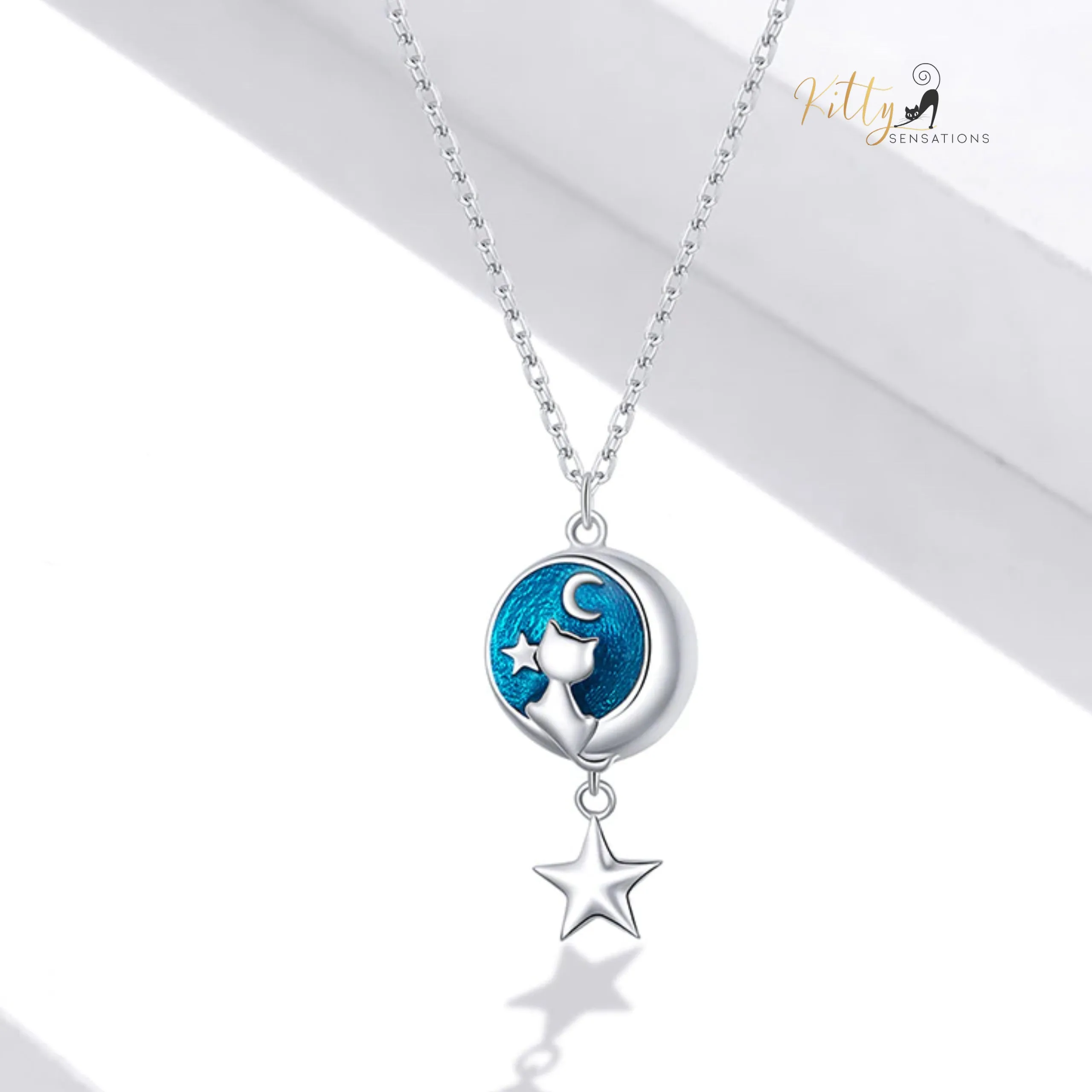 Blue Enameled Moon Kitty Necklace in Solid 925 Sterling Silver