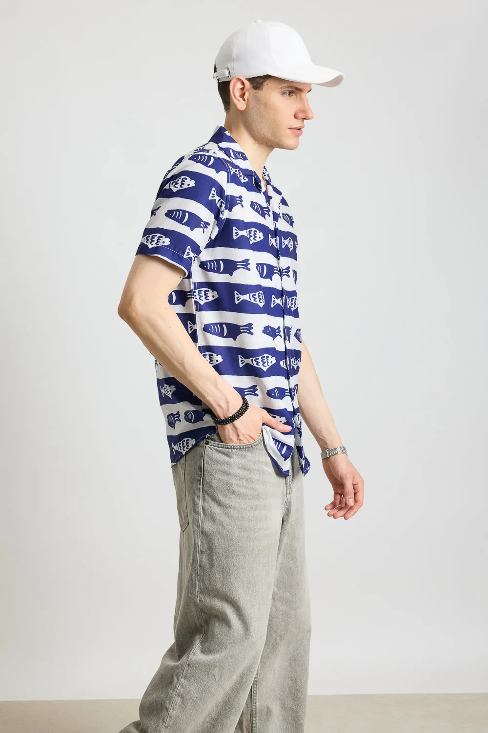 Blue Fish Print Men's Resort Shirt