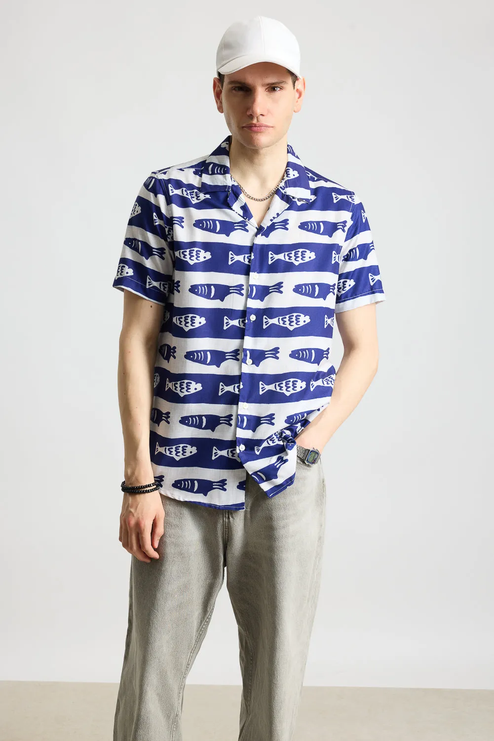 Blue Fish Print Men's Resort Shirt