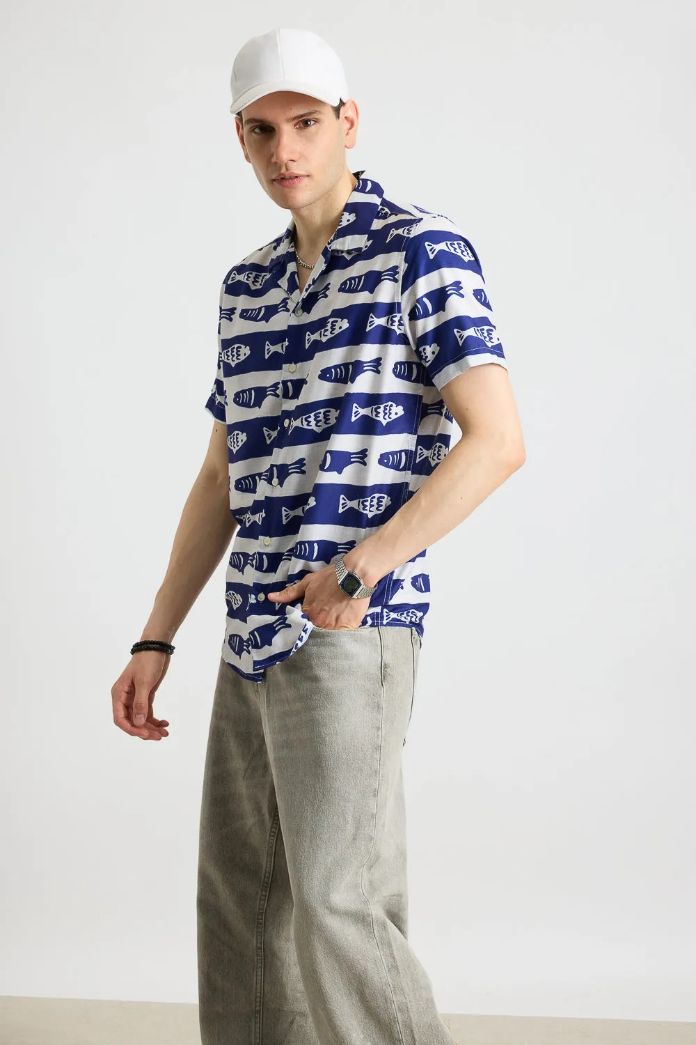 Blue Fish Print Men's Resort Shirt