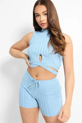 Blue Half Cross Wrap Knitted Crop Top And Shorts Lounge Set