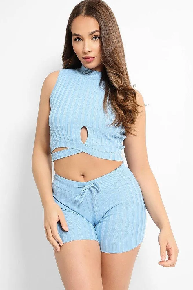 Blue Half Cross Wrap Knitted Crop Top And Shorts Lounge Set