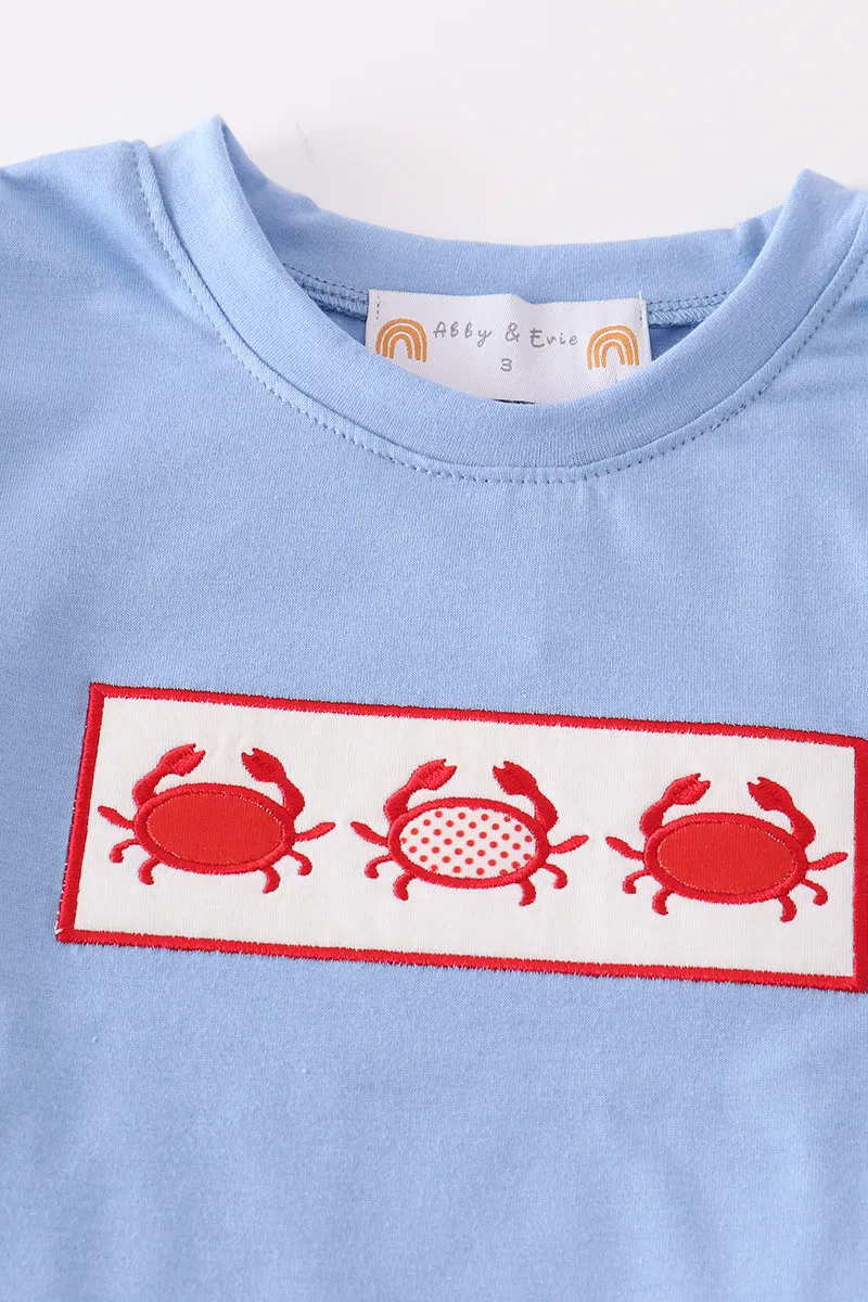 Blue seersucker crab applique boy set