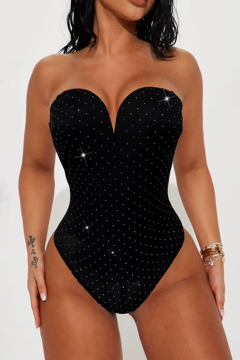 Body Donna Scollo Cuore Spalle Scoperte Strass Monocolore Elegante Casual