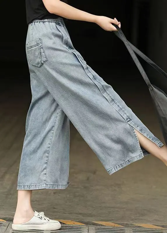 Casual Light Blue Elastic Waist Side Open Denim Crop Pants Summer BV087