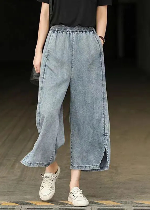 Casual Light Blue Elastic Waist Side Open Denim Crop Pants Summer BV087