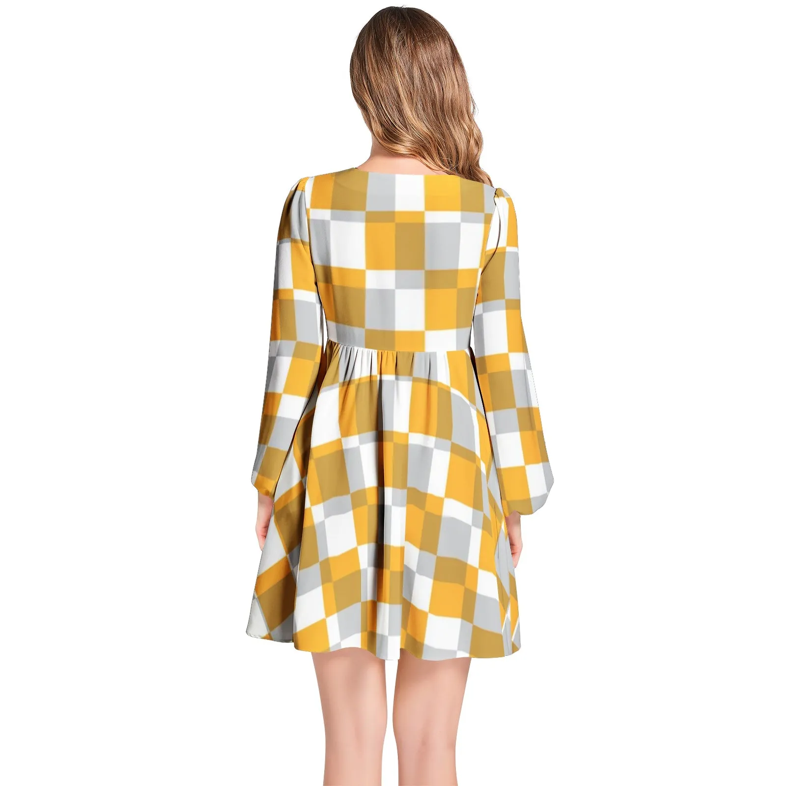 Checkered Lantern Sleeve Deep V-Neck Short Dress