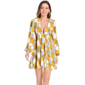 Checkered Lantern Sleeve Deep V-Neck Short Dress