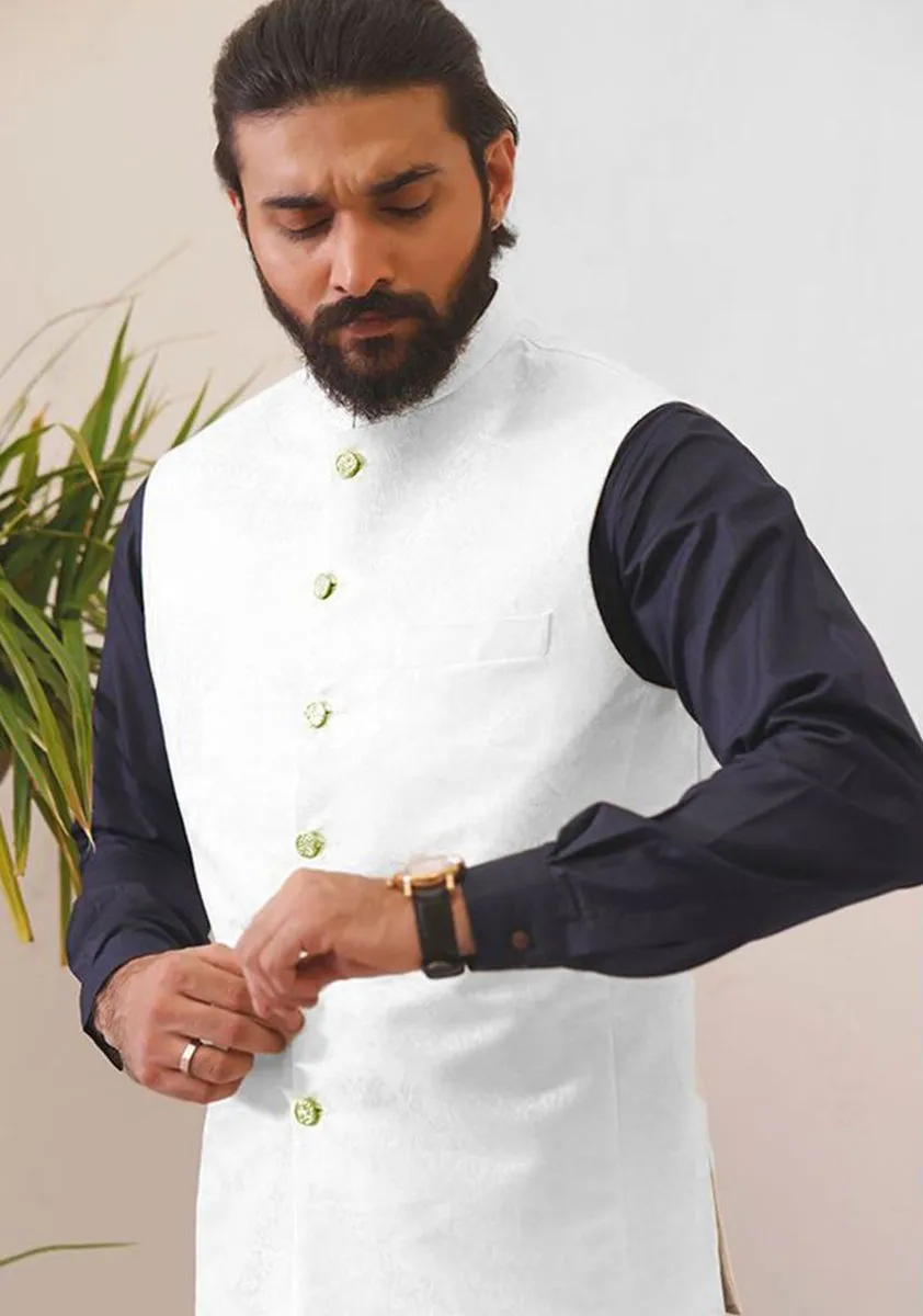 Classic Jamawar Brilliant White Traditional Waistcoat