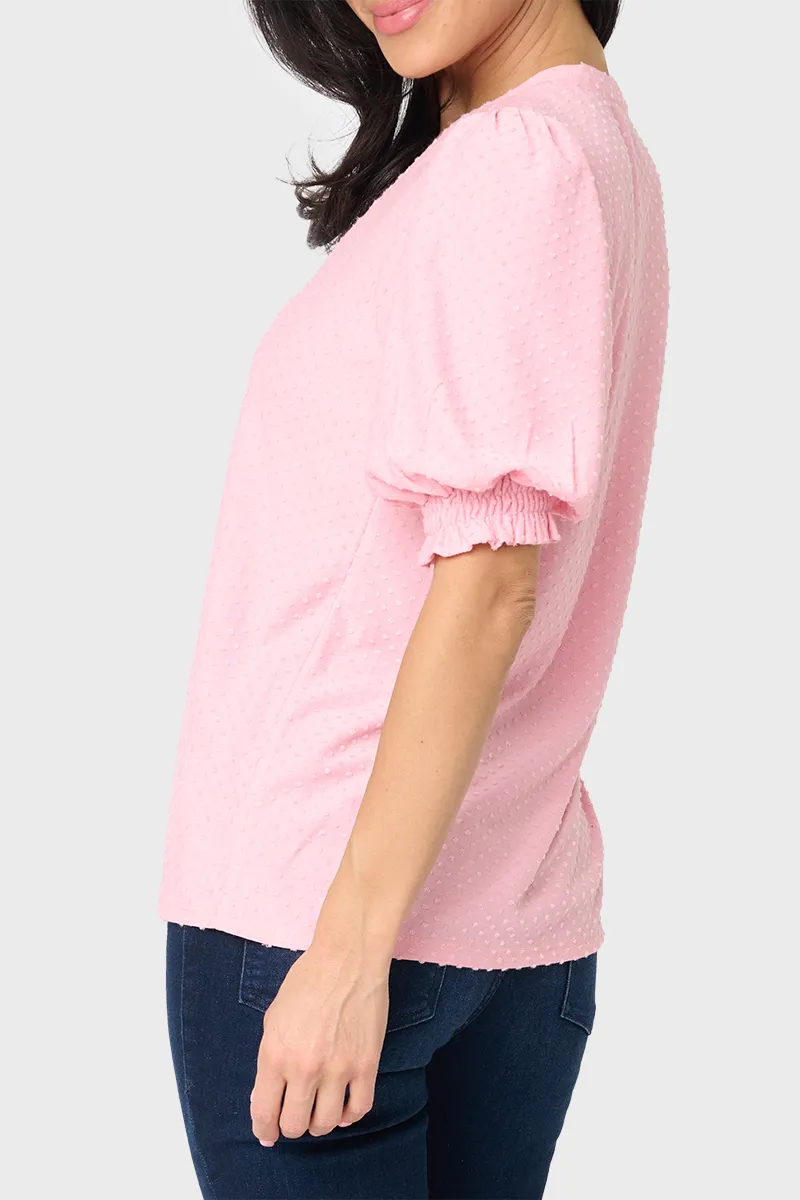 Clip Dot Elbow Puff Sleeve V-Neck