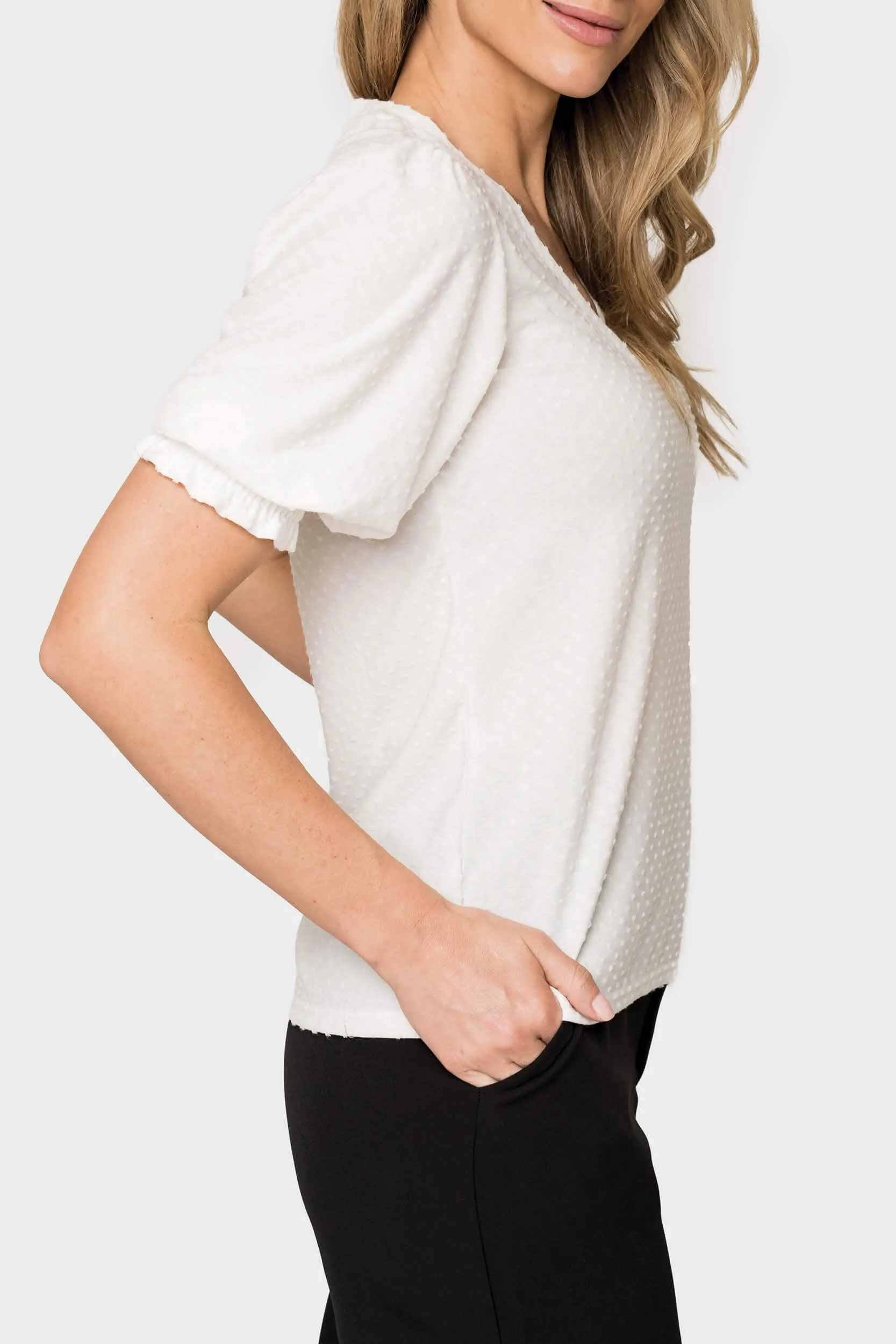 Clip Dot Elbow Puff Sleeve V-Neck