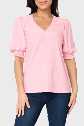 Clip Dot Elbow Puff Sleeve V-Neck