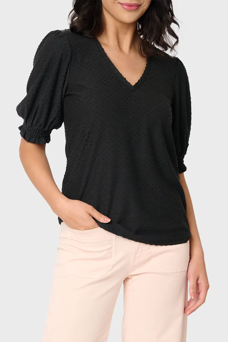 Clip Dot Elbow Puff Sleeve V-Neck