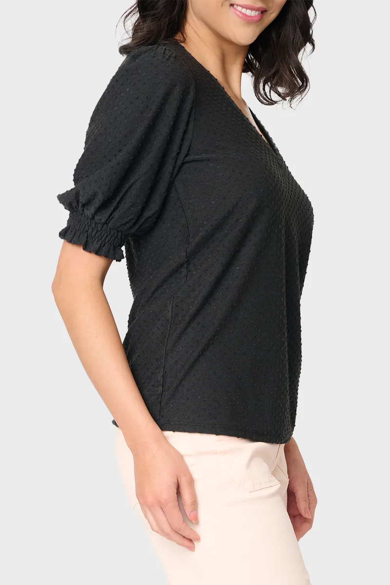 Clip Dot Elbow Puff Sleeve V-Neck