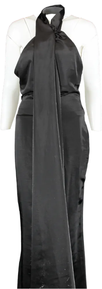 Club L Black Satin Asymmetric Scarf Neck Backless Maxi Dress UK 8