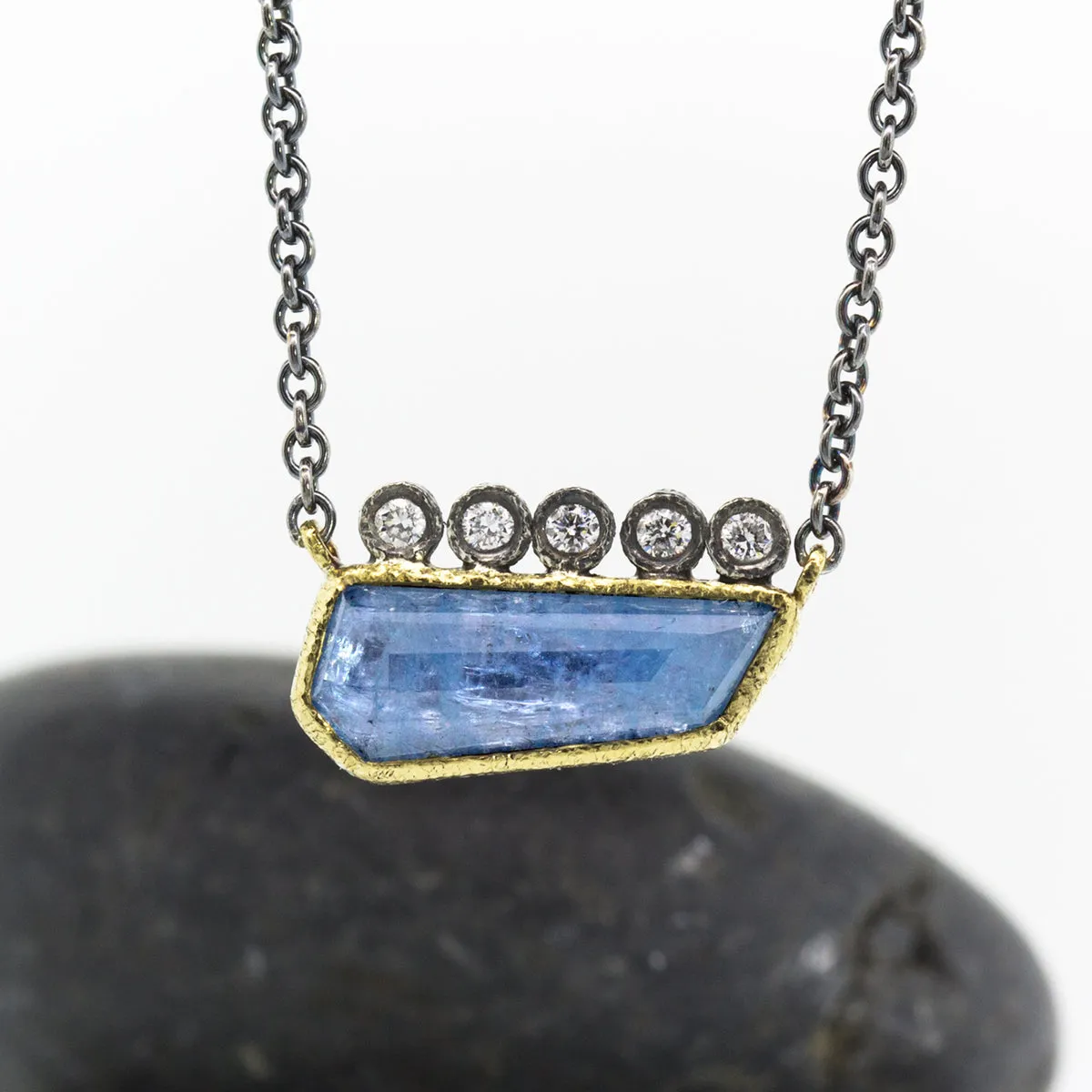 Crowned Free-form Geo Cut Aquamarine Pendant Necklace with diamonds