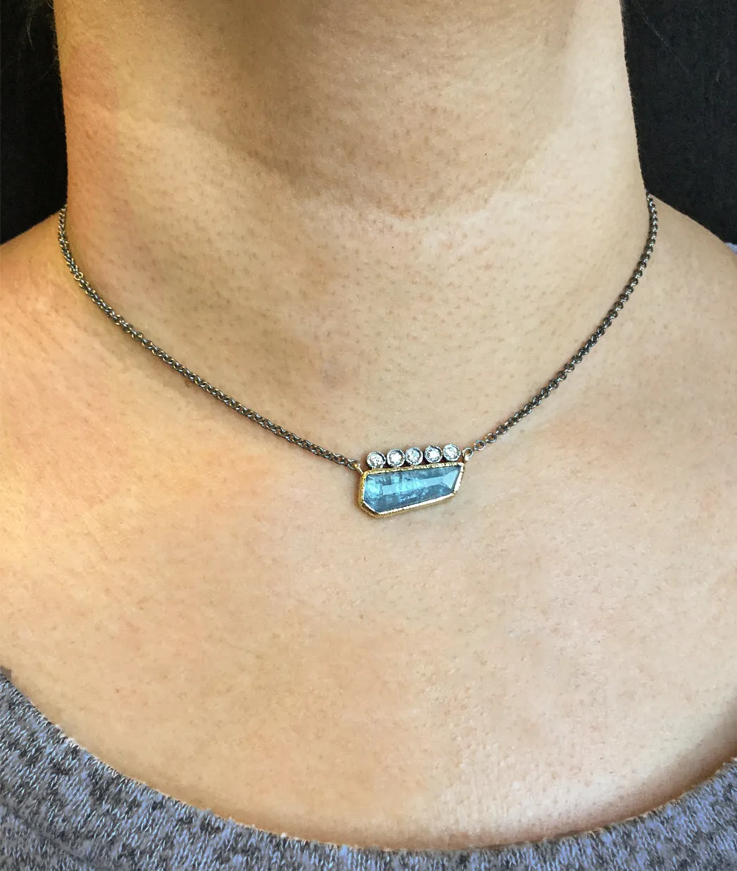 Crowned Free-form Geo Cut Aquamarine Pendant Necklace with diamonds